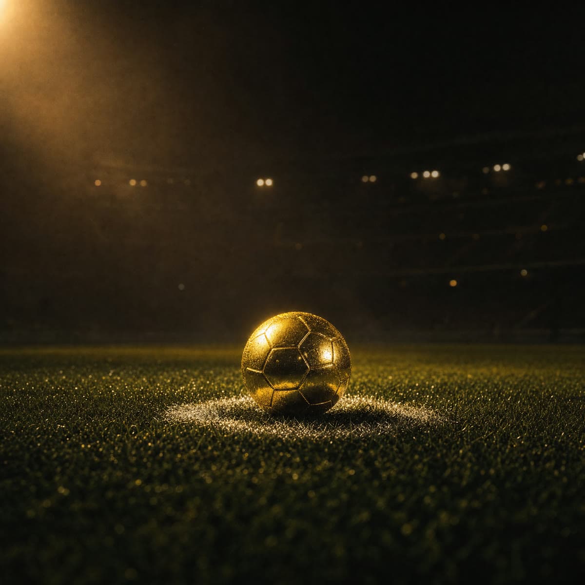 A single gold football glowing on the penalty spot at night