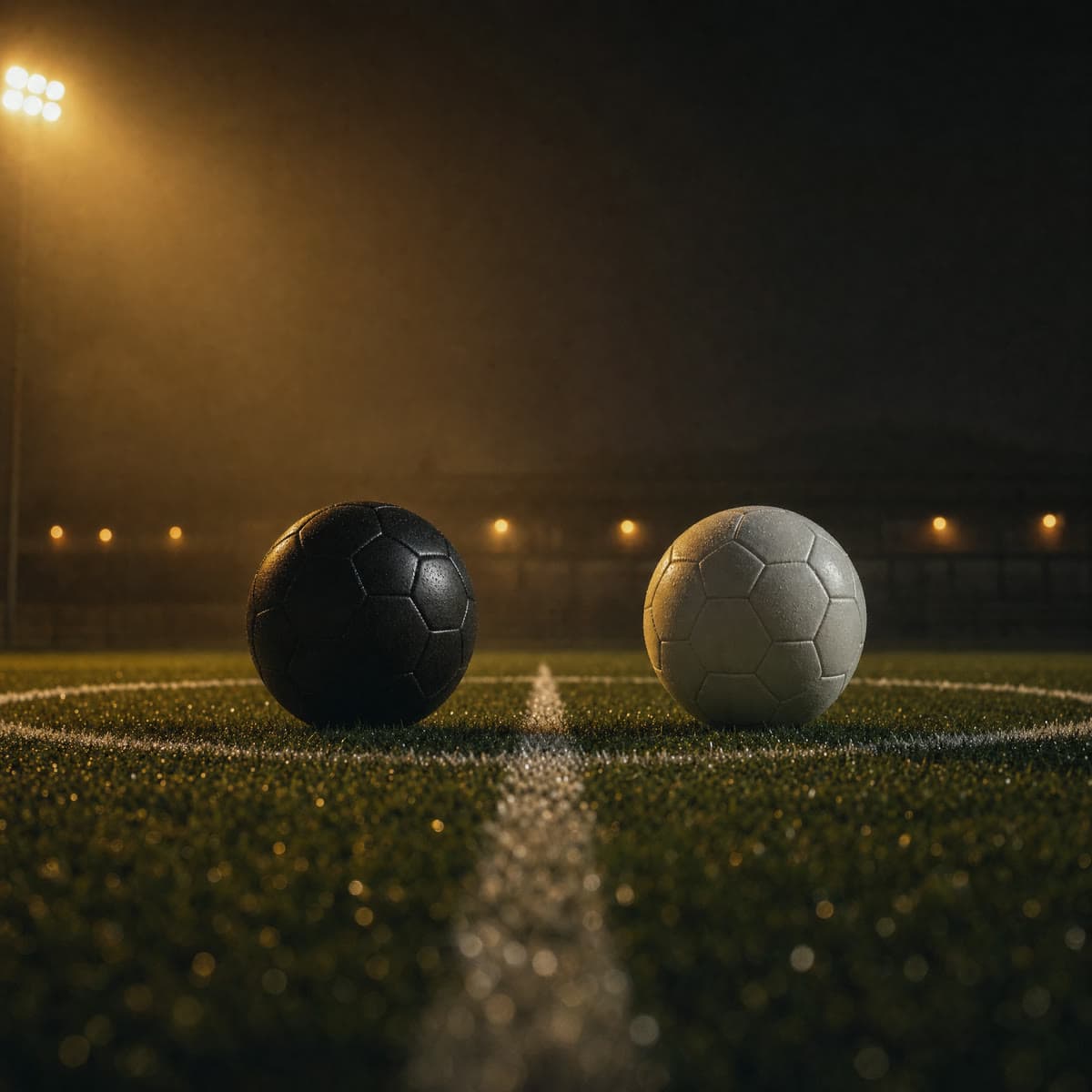 A black football and a white football facing each other on the center line