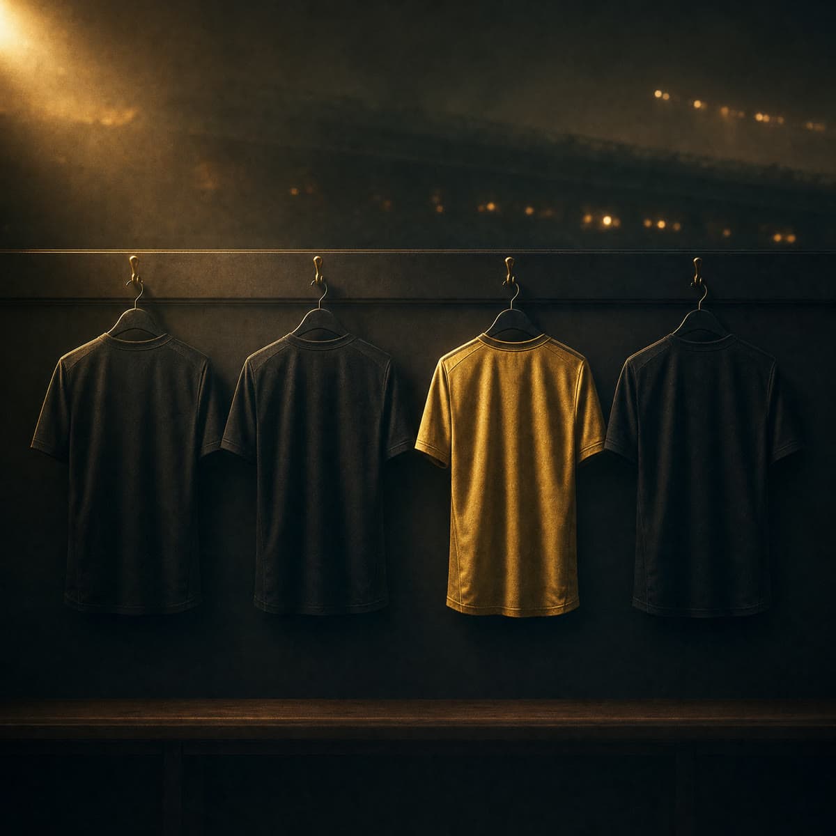Four football shirts hanging in a dark locker room, one of them gold
