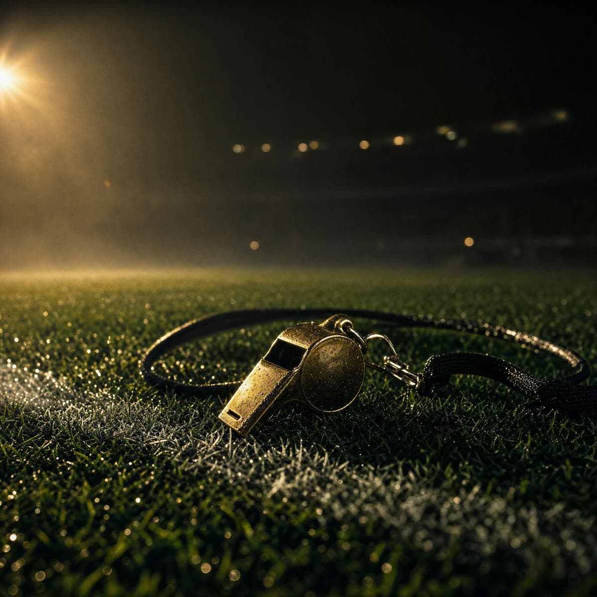A brass referee whistle lying on wet grass beside a white line