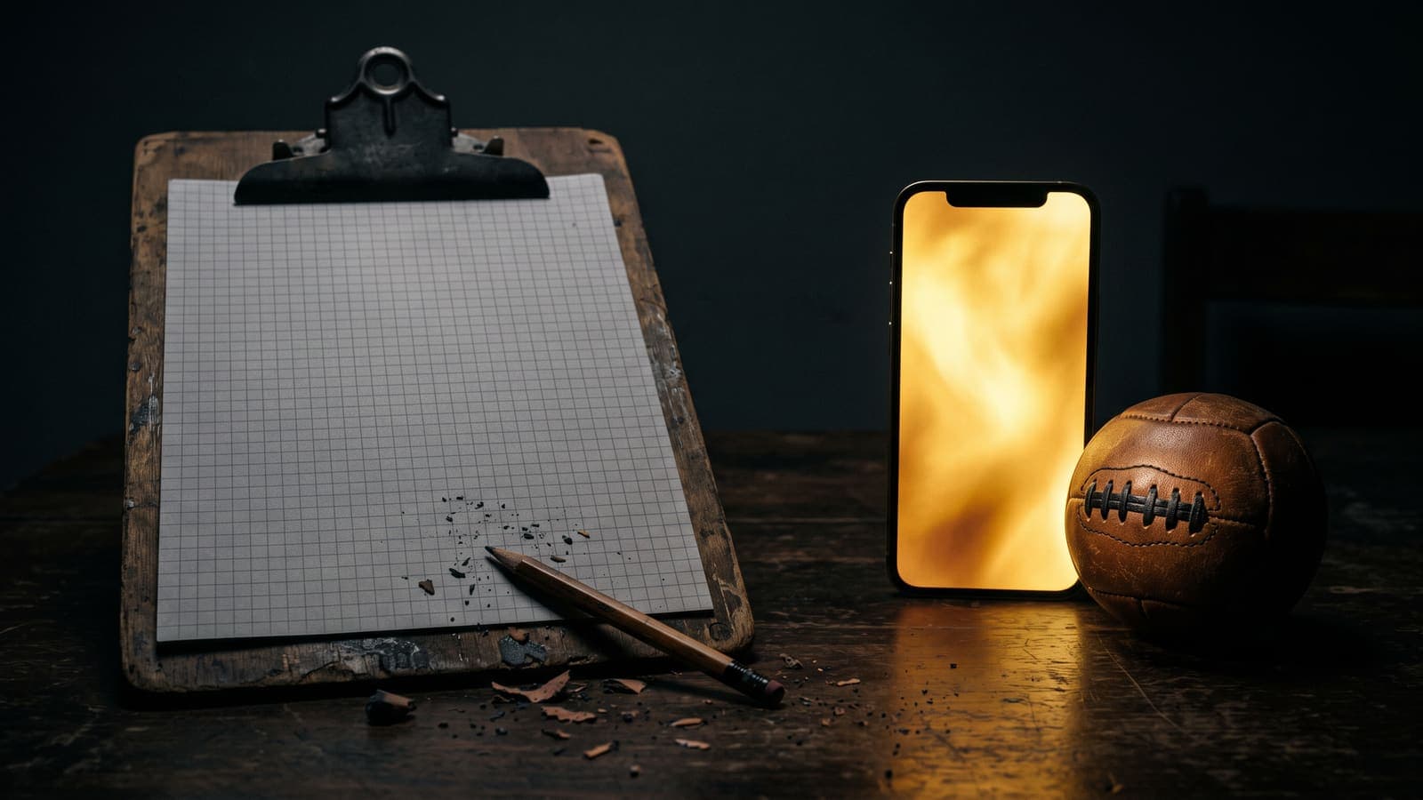 A paper score sheet on a clipboard beside a glowing phone and a football — moving a prediction game off the spreadsheet