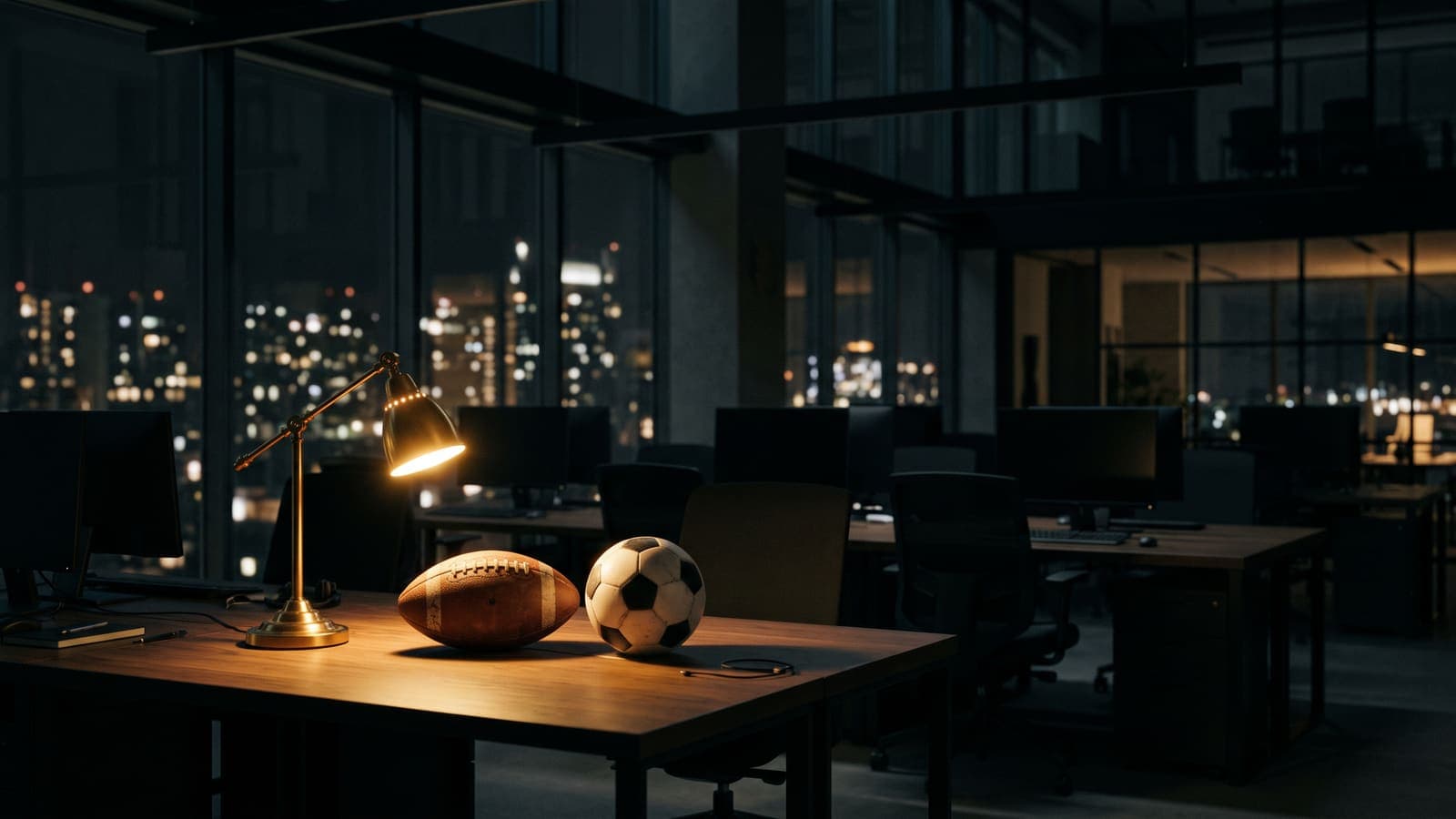 A football and a soccer ball on an office desk under a gold lamp at night — an office pool and company pick'em competition
