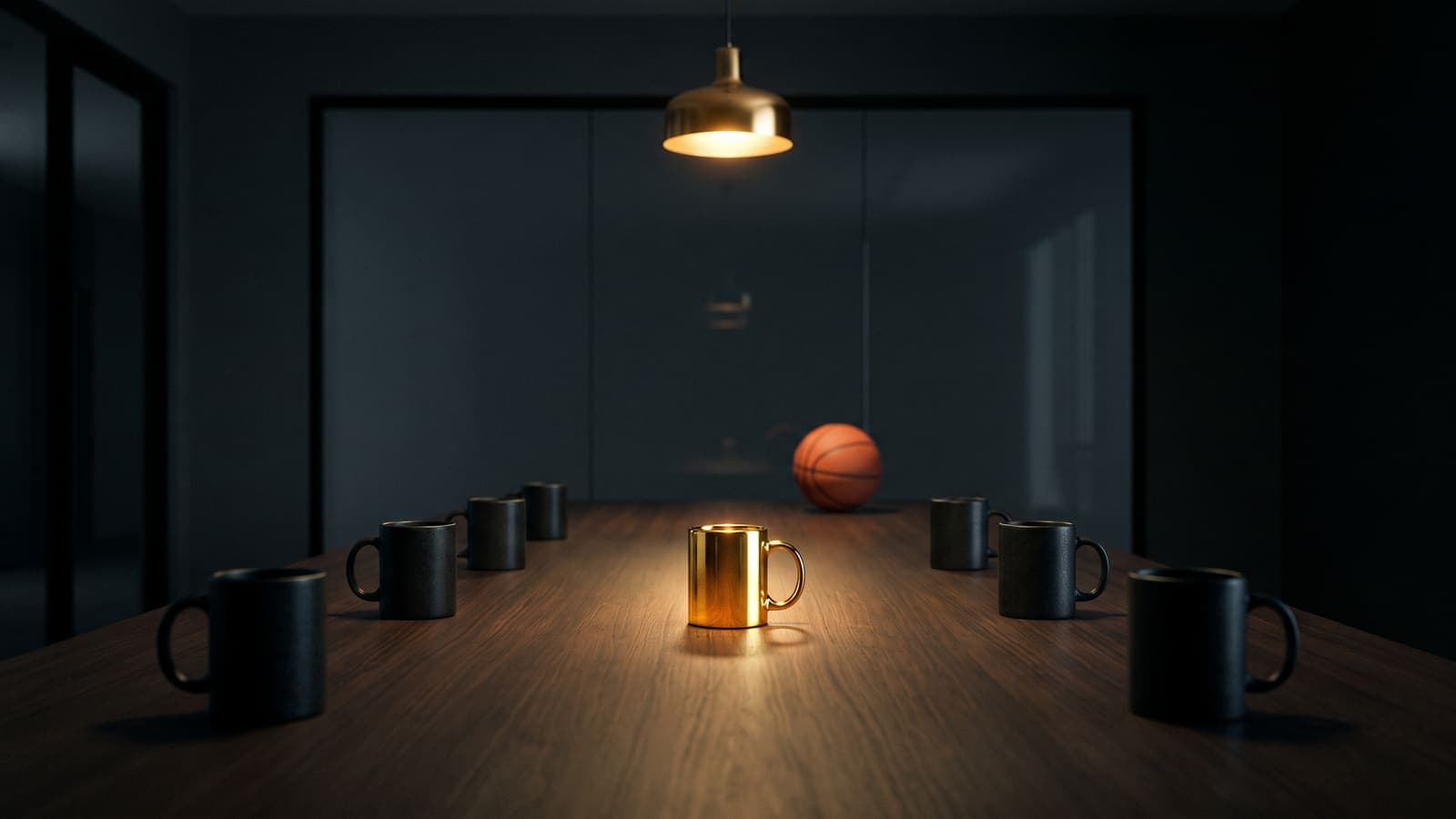 A meeting-room table with black mugs, one gold mug and a basketball — an office prediction league with one colleague in the lead