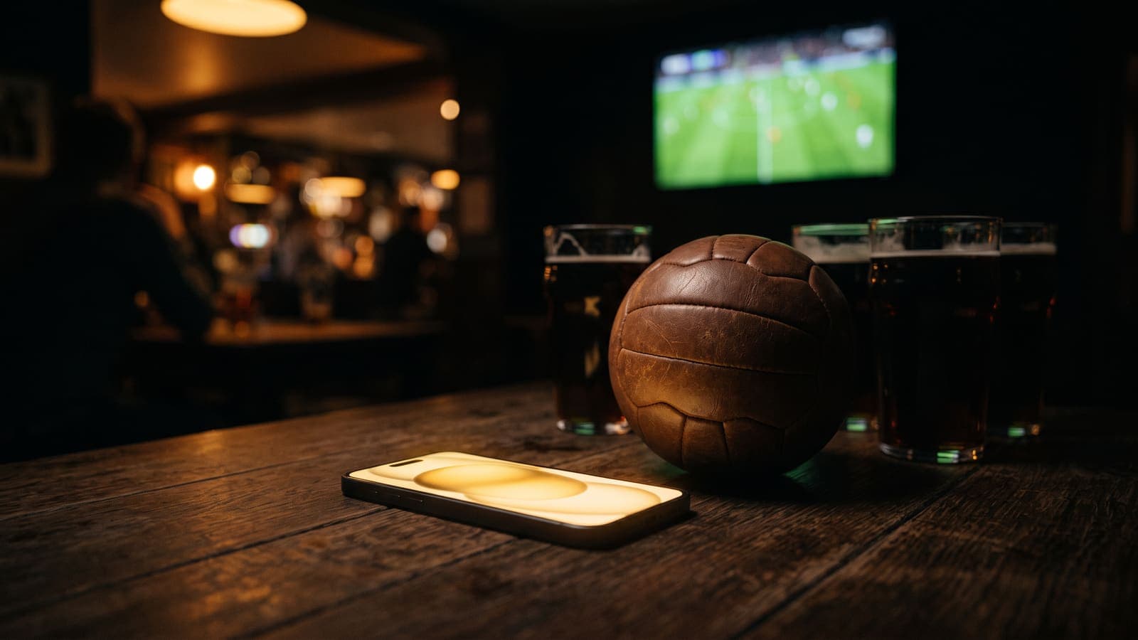 A phone glowing gold on a pub table beside a football and pint glasses, the match on a screen behind — a prediction game with friends