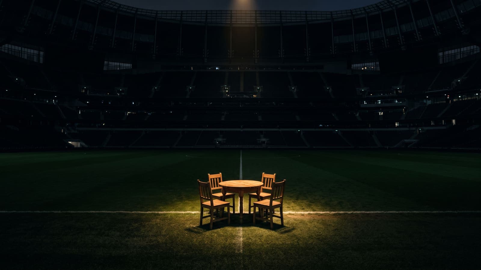 A small table with four chairs lit on the pitch of a vast empty stadium — a small-group prediction game compared with a big pool