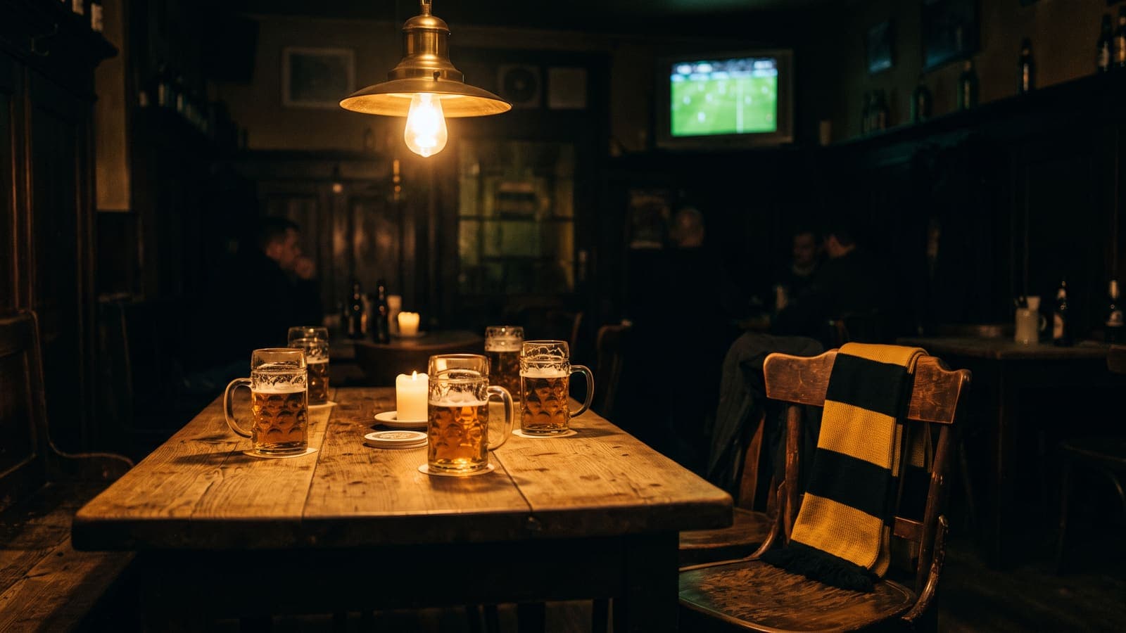 Stammtisch in einer Kneipe mit Bierkrügen, schwarz-goldenem Fanschal und Fußball im Fernsehen – Tippspiel mit Freunden