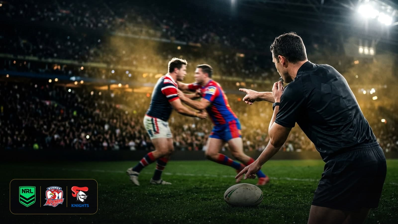 Silhouetted rugby league referee holding a whistle under glowing stadium floodlights on Grand Final night.