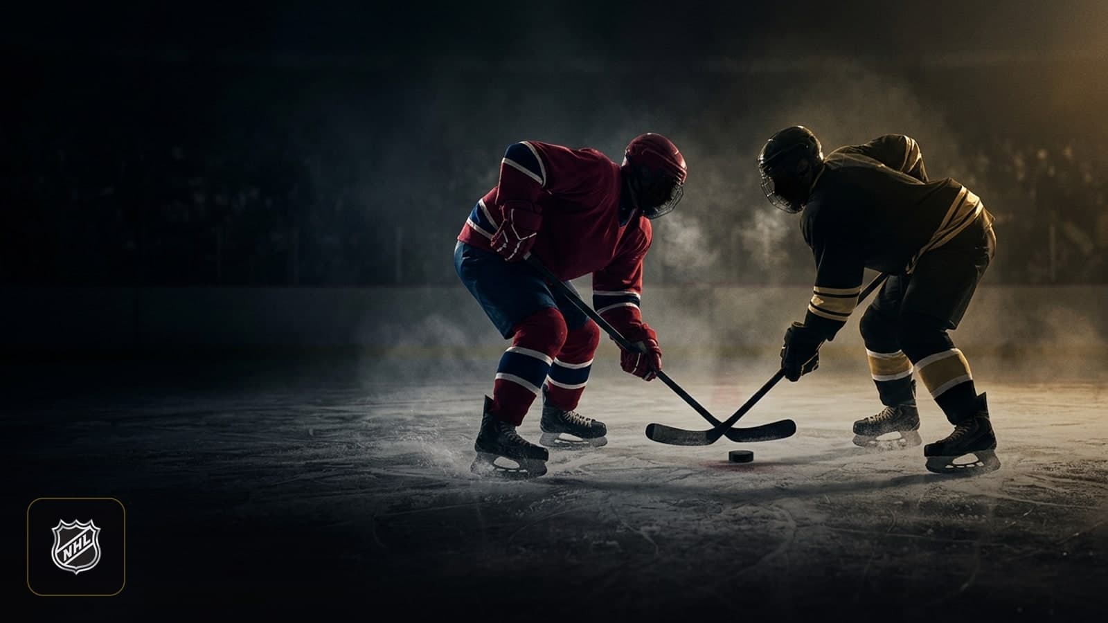 Alex Ovechkin retirement banner theme with dramatic dark ice rink under an amber spotlight and hockey stick.