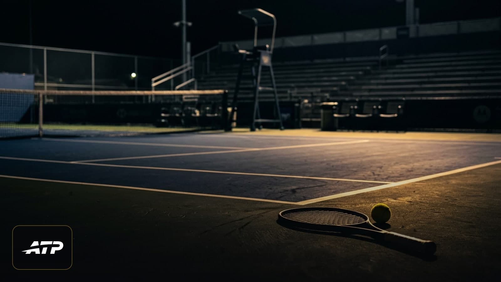 A tennis ball resting on the court line under dramatic stadium lights following the Daniil Medvedev default.