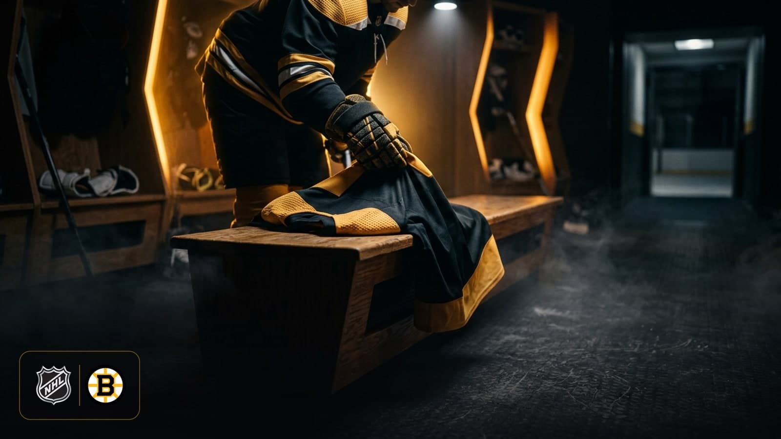 Ice hockey player in black and gold jersey with captain letter C overlooking arena ice