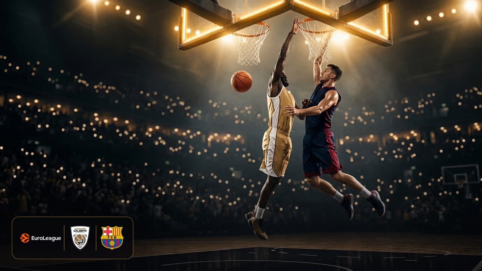 Basketball on a polished arena court under a single golden spotlight against a dark background.