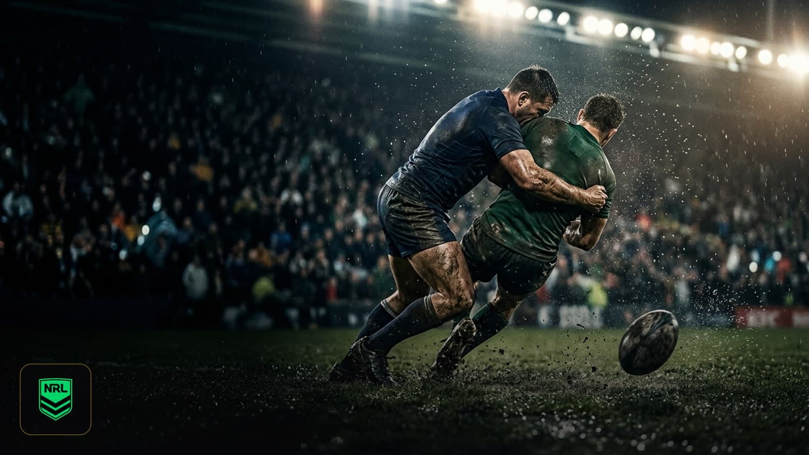 A rugby league fullback preparing for kick-off under stadium floodlights after a controversial high tackle call.