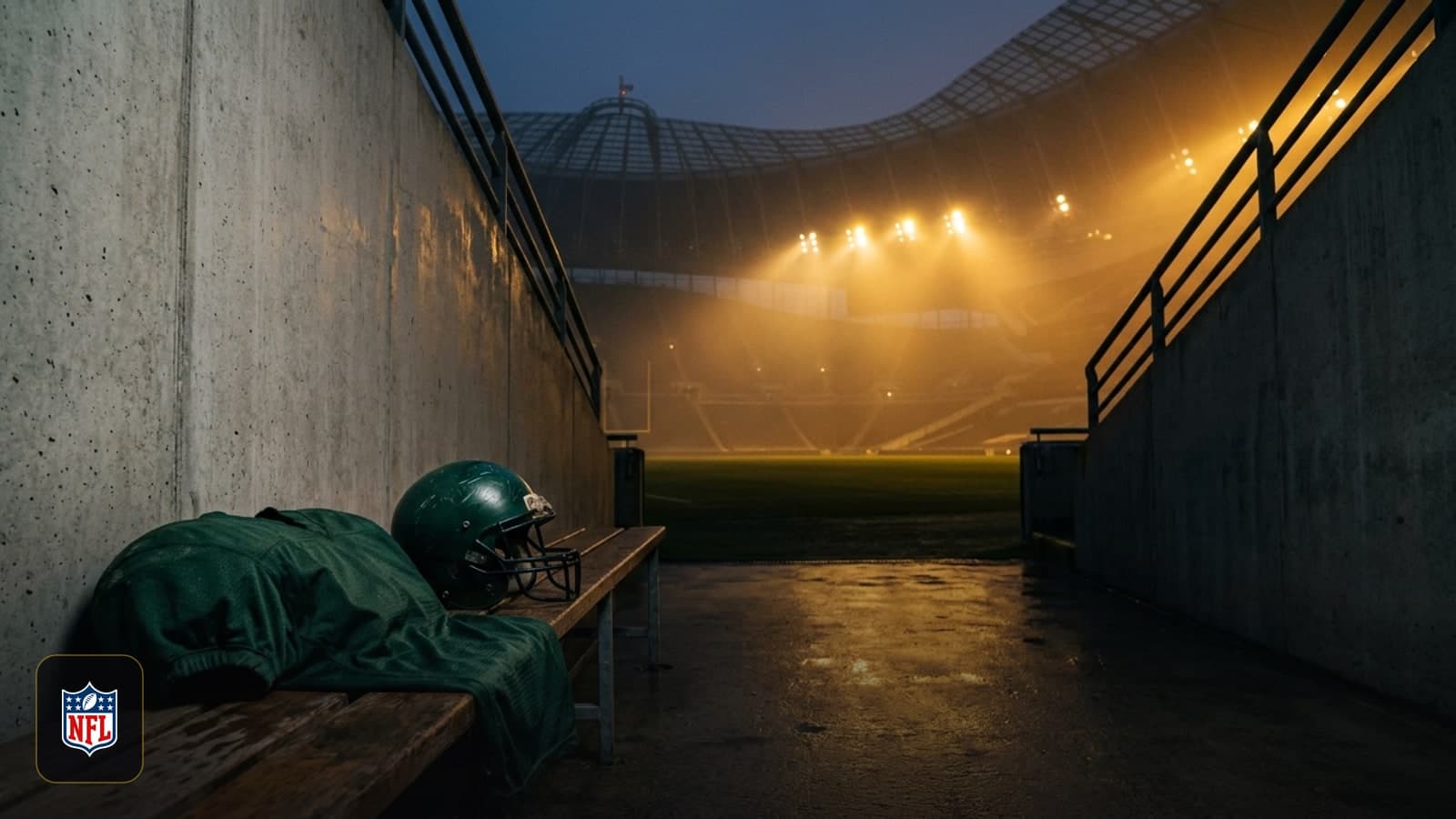 Empty stadium tunnel with gold lights and football gear reflecting Lane Johnson retirement.