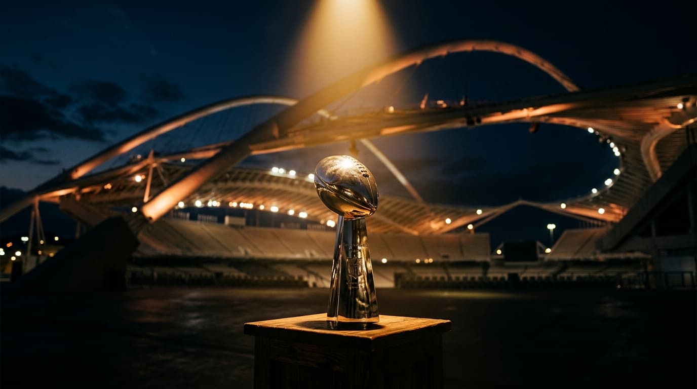 Silver championship football trophy in an empty modern stadium at dusk
