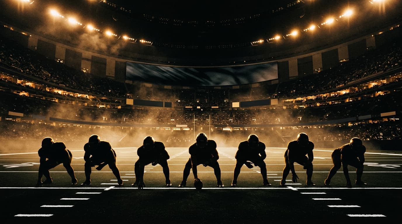 Silhouetted defensive line players in a three-point stance under dramatic golden stadium lights