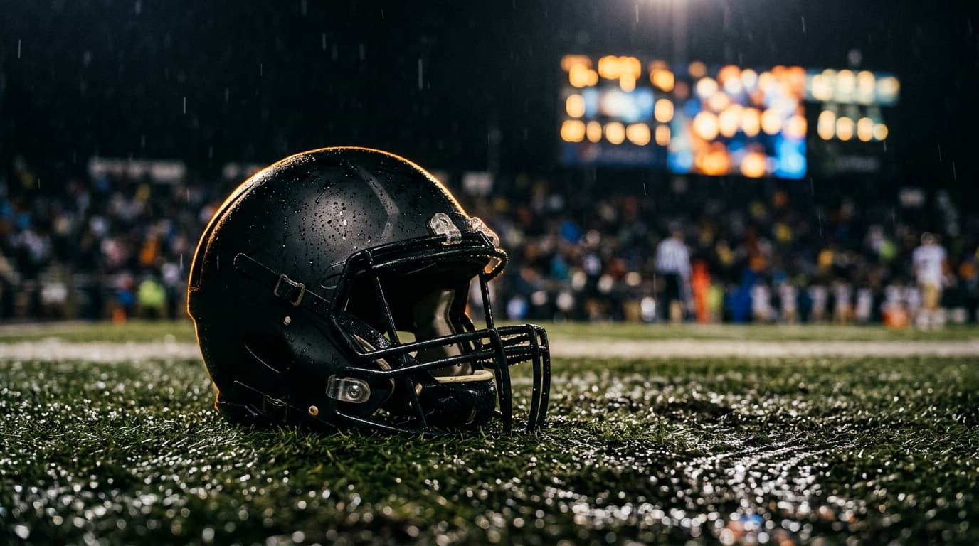 Wet football helmet resting on turf under amber stadium lights during a night game