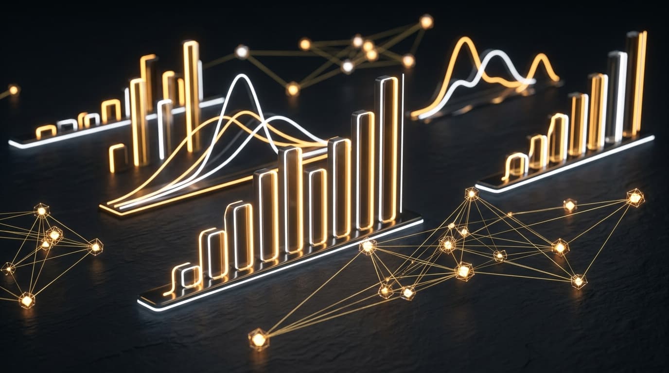 Dark abstract sports data visual with glowing amber and white geometric value curves